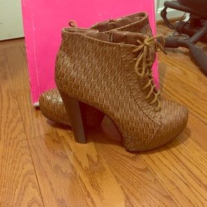 Tan Textured Platform Bootie Heels