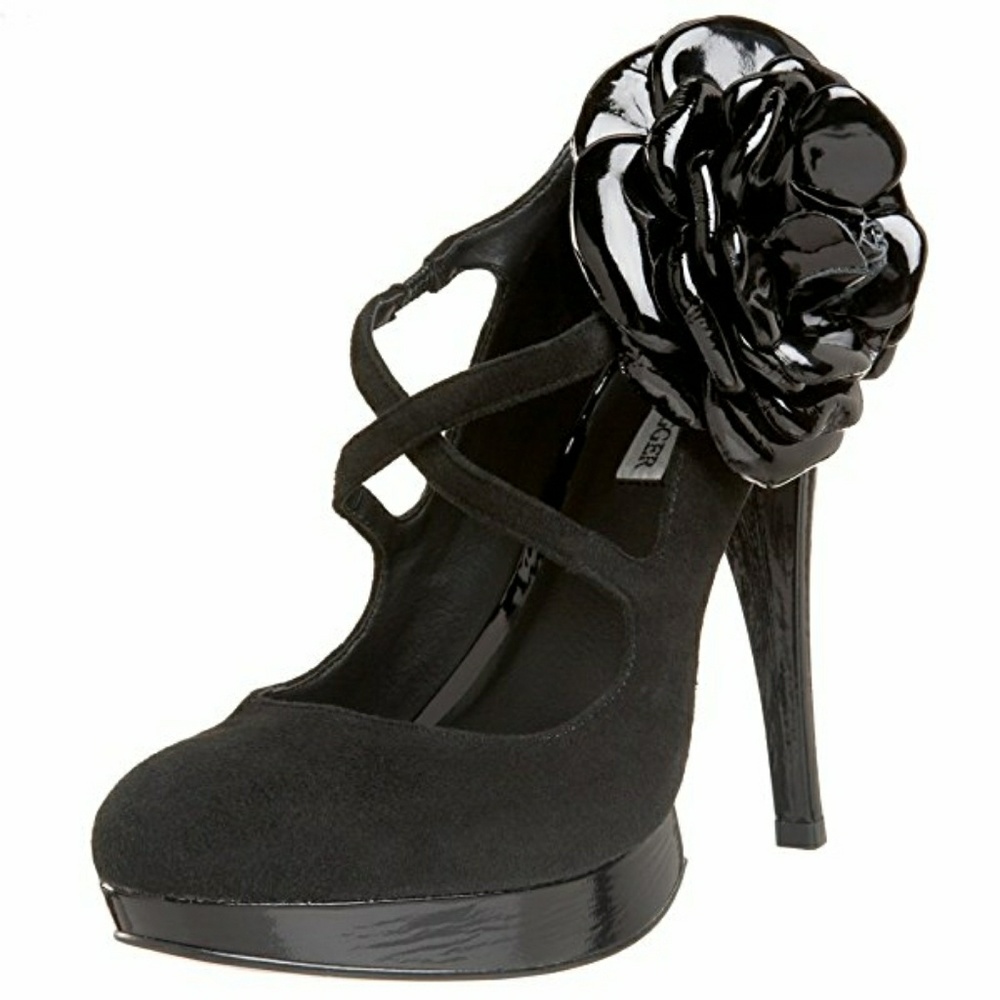 Black suede pump with crisscross front