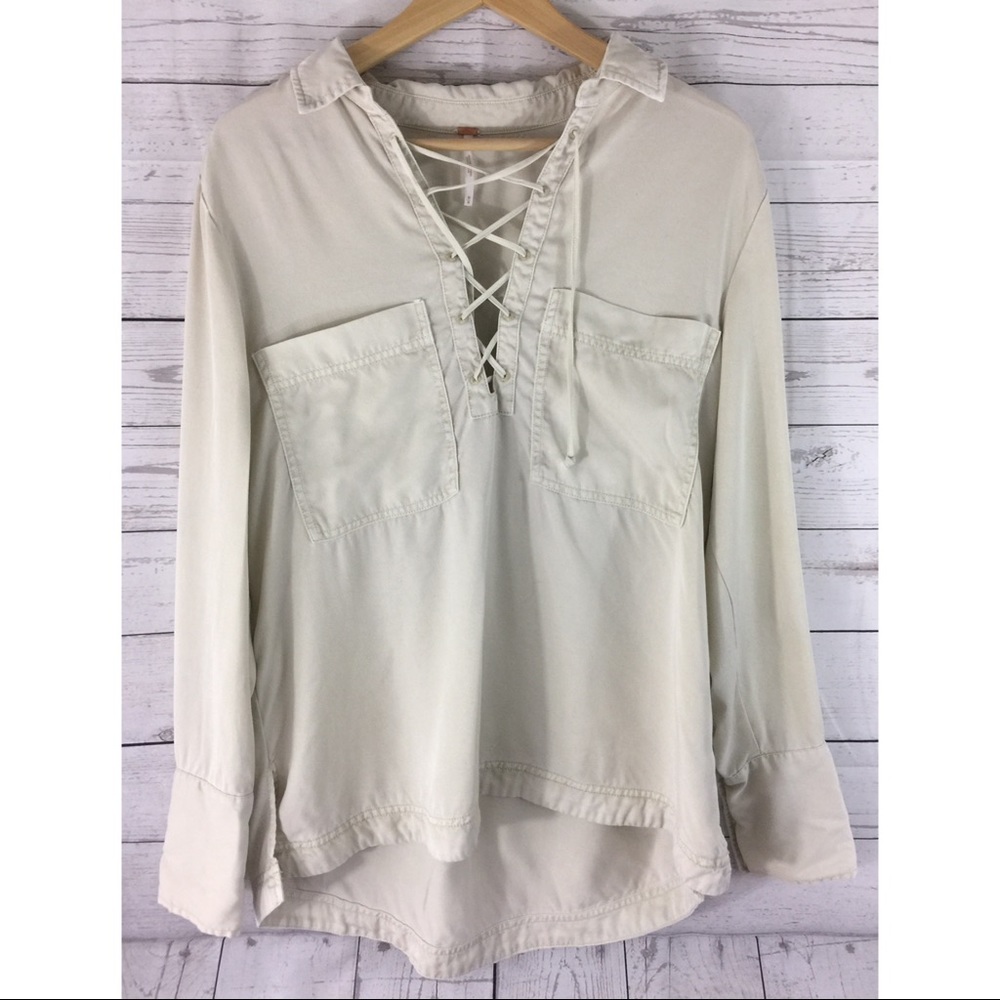 Free People Tencel Lace Up Long Sleeve Blouse