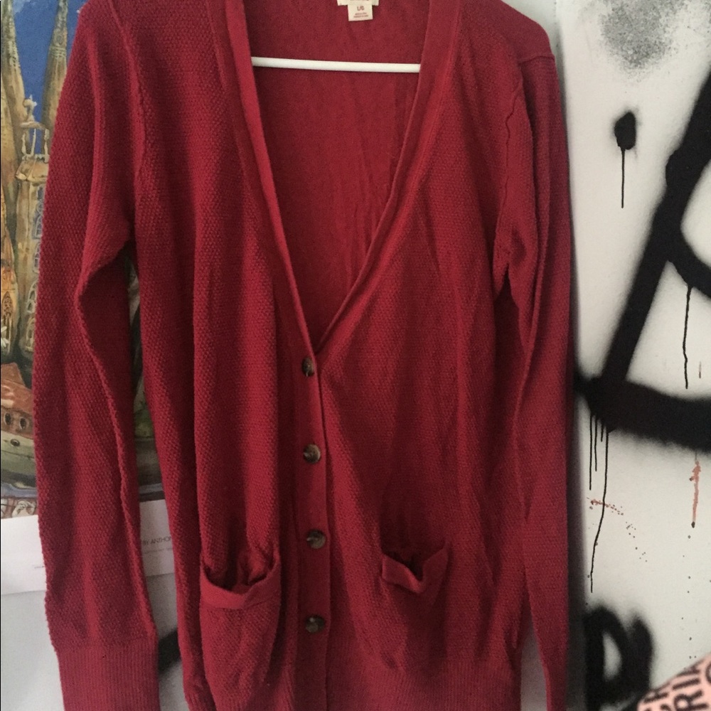 cozy red cardigan