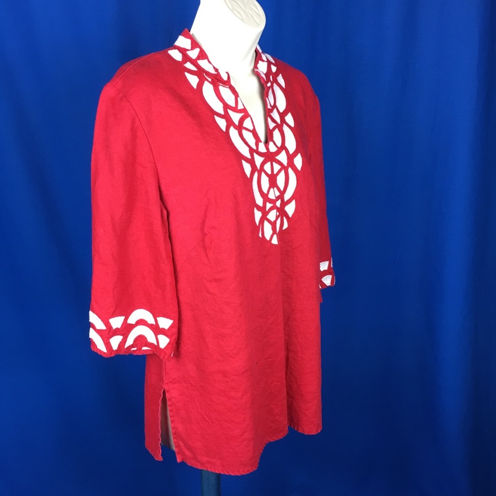 Style & Co Red Linen Embroidered Blouse Size 6
