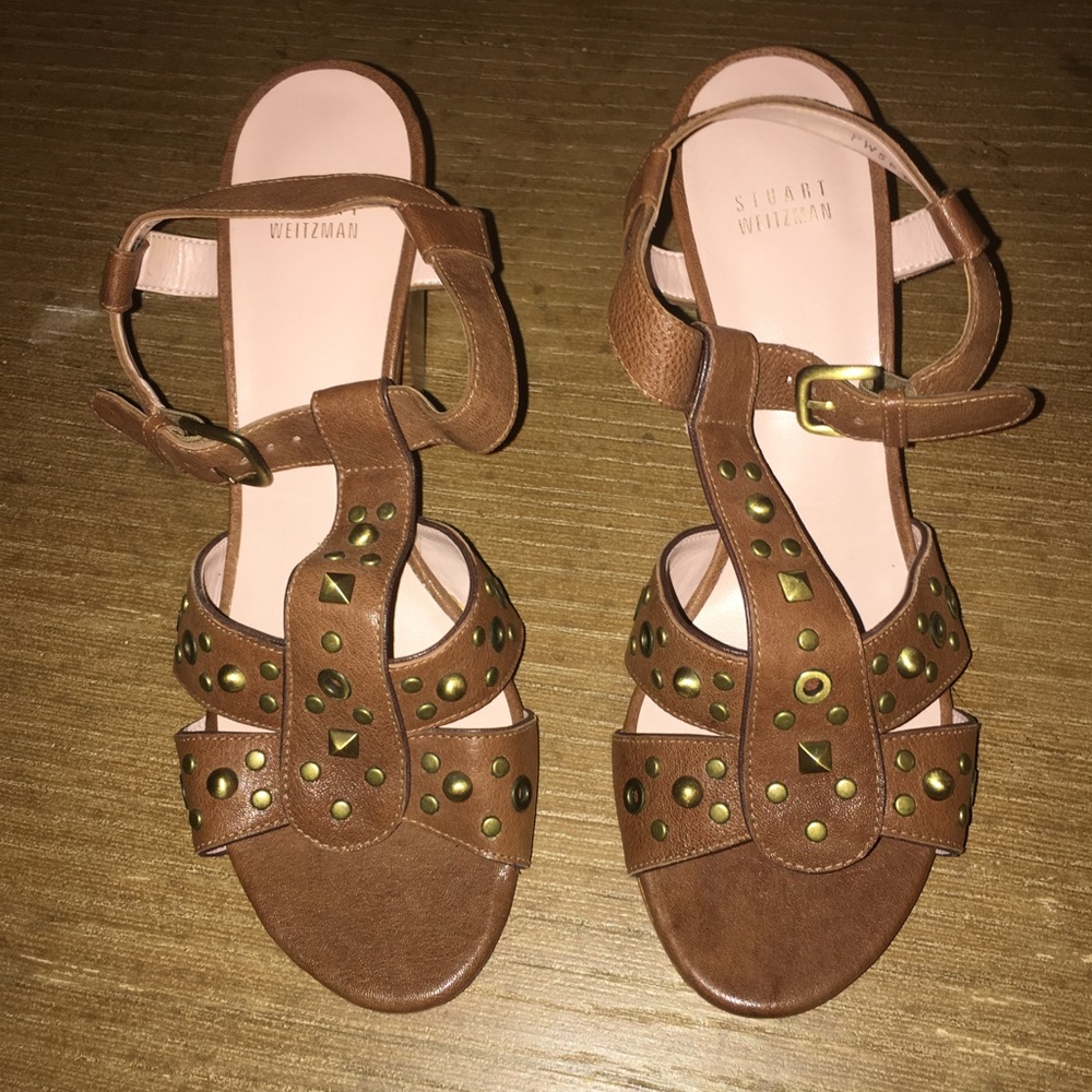 Stuart Weitzman brown studded t-strap sandal