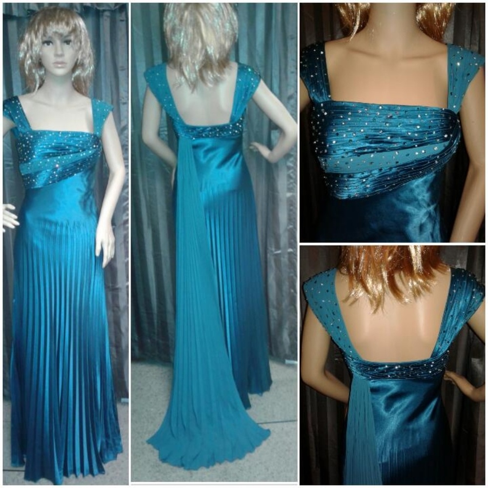 Cache teal gown pleated skirt & rhinestone bodice