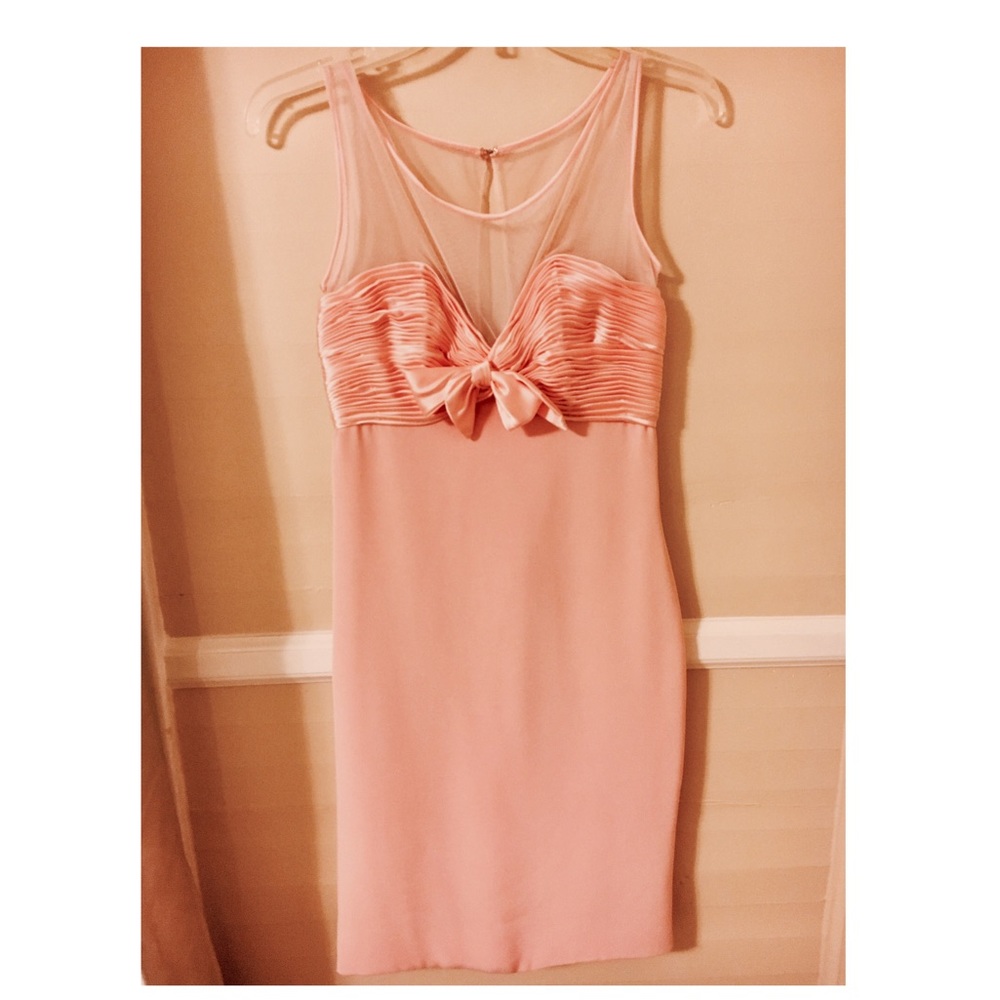 Vintage peach party dress with illusion neckline