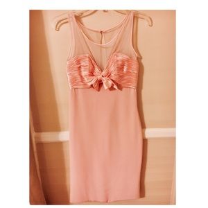 Vintage peach party dress with illusion neckline