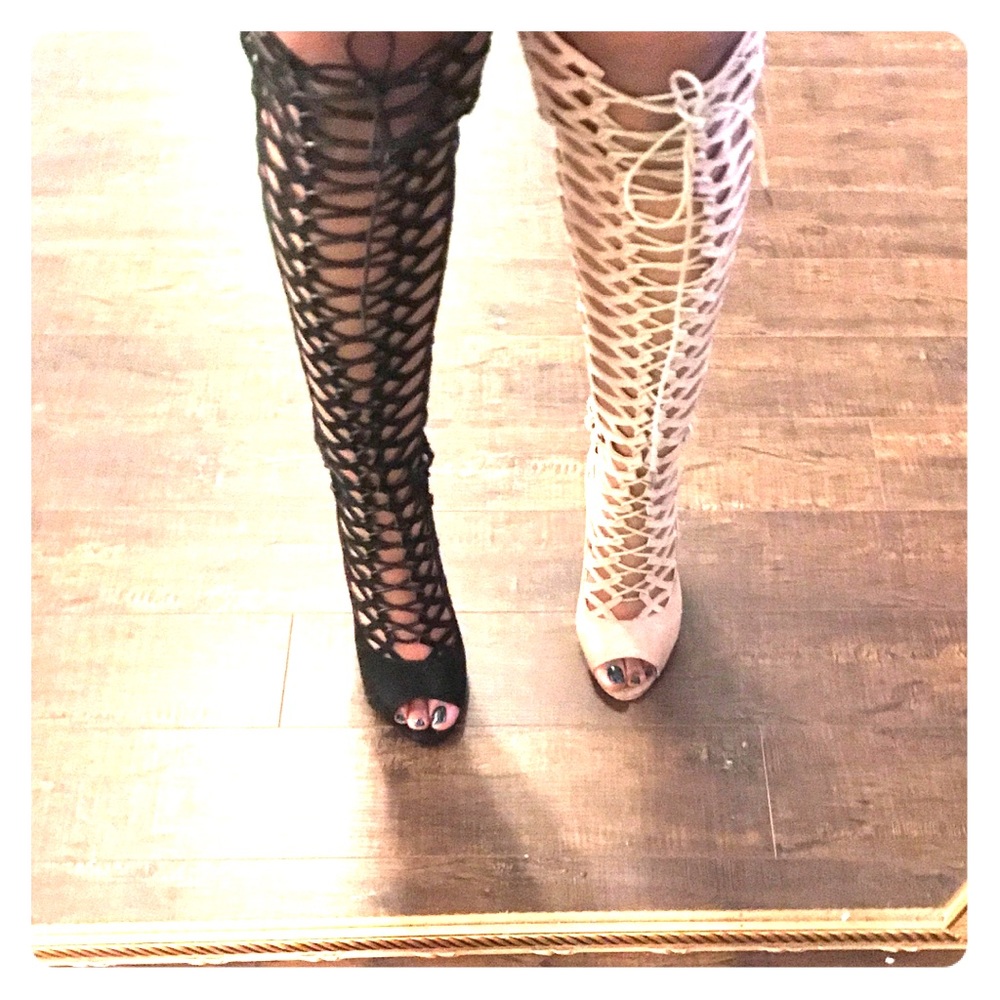 Tan-Over the knee lace up heels