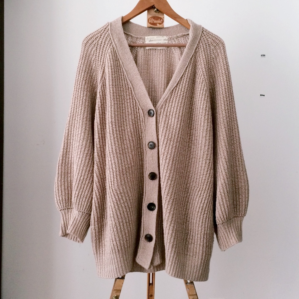 Beige Balloon Sleeve Oversized Cardigan from Korea
