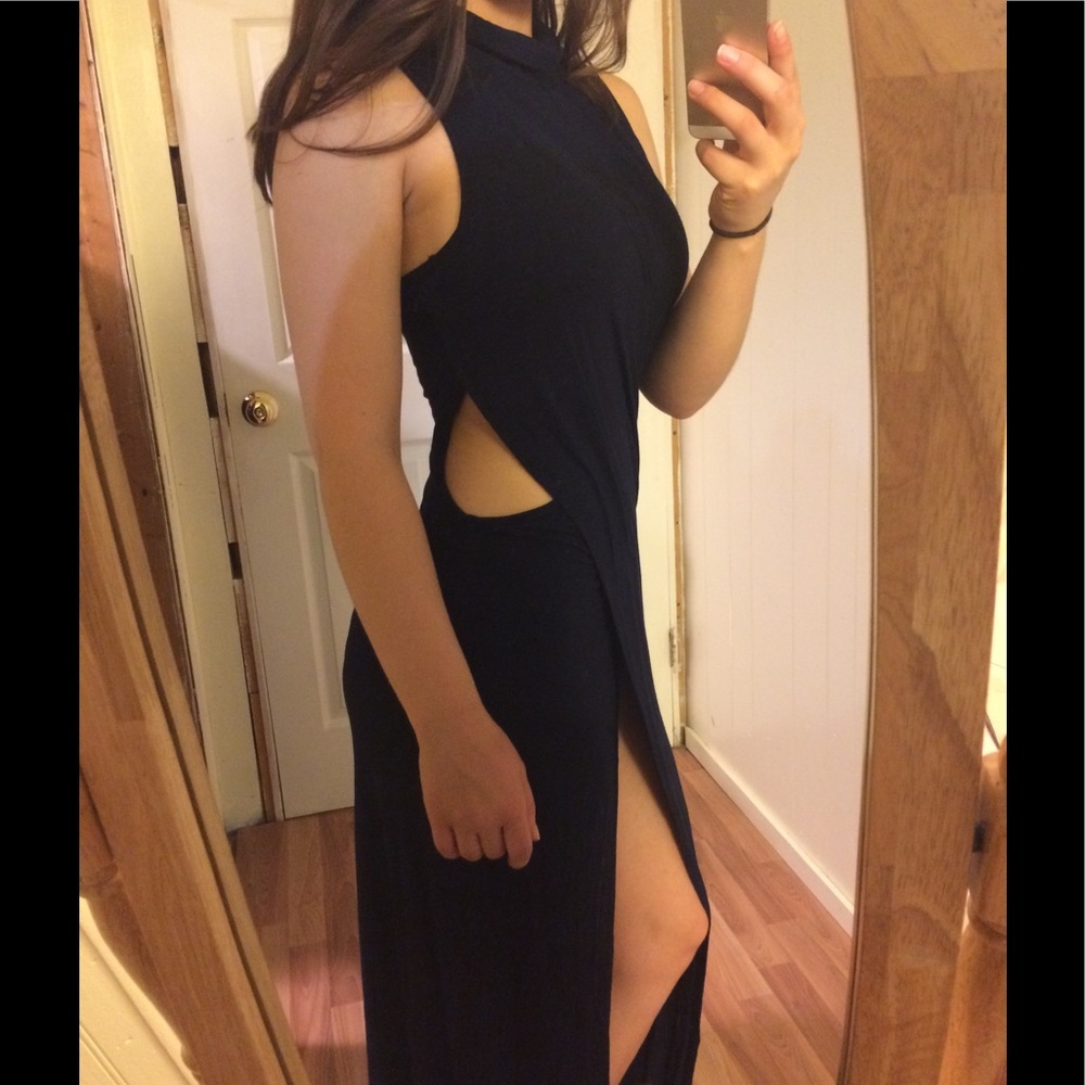 Navy Blue High Neck Cutout Maxi Dress with Slit