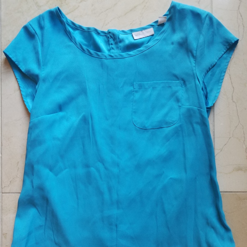 New York and Company Blue Satin Button Back Top