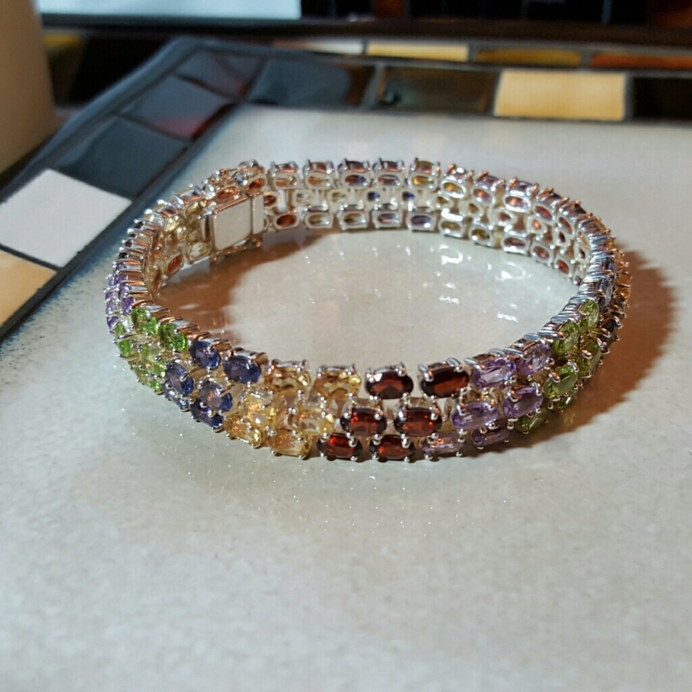 Multi Gemstone 3-row Sterling Silver Bracelet