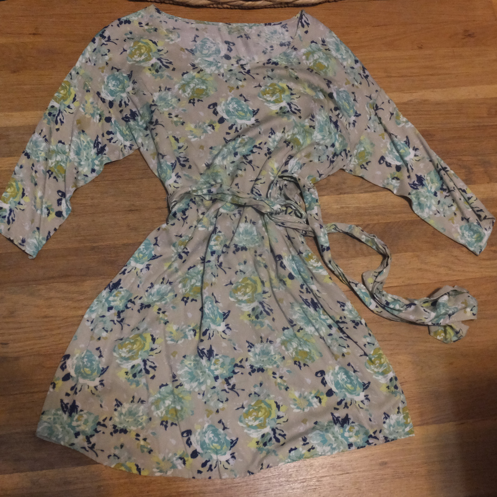 Taupe Dress w/ Turquoise Floral Print