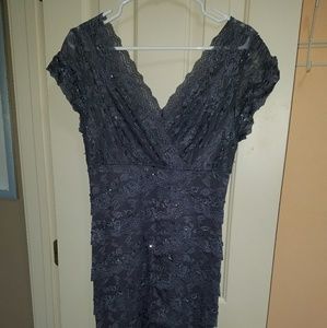 Marina beaded cap sleeve tiered lace evening dress