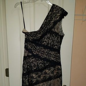 bebe black lace dress one mixed shoulder stretchy