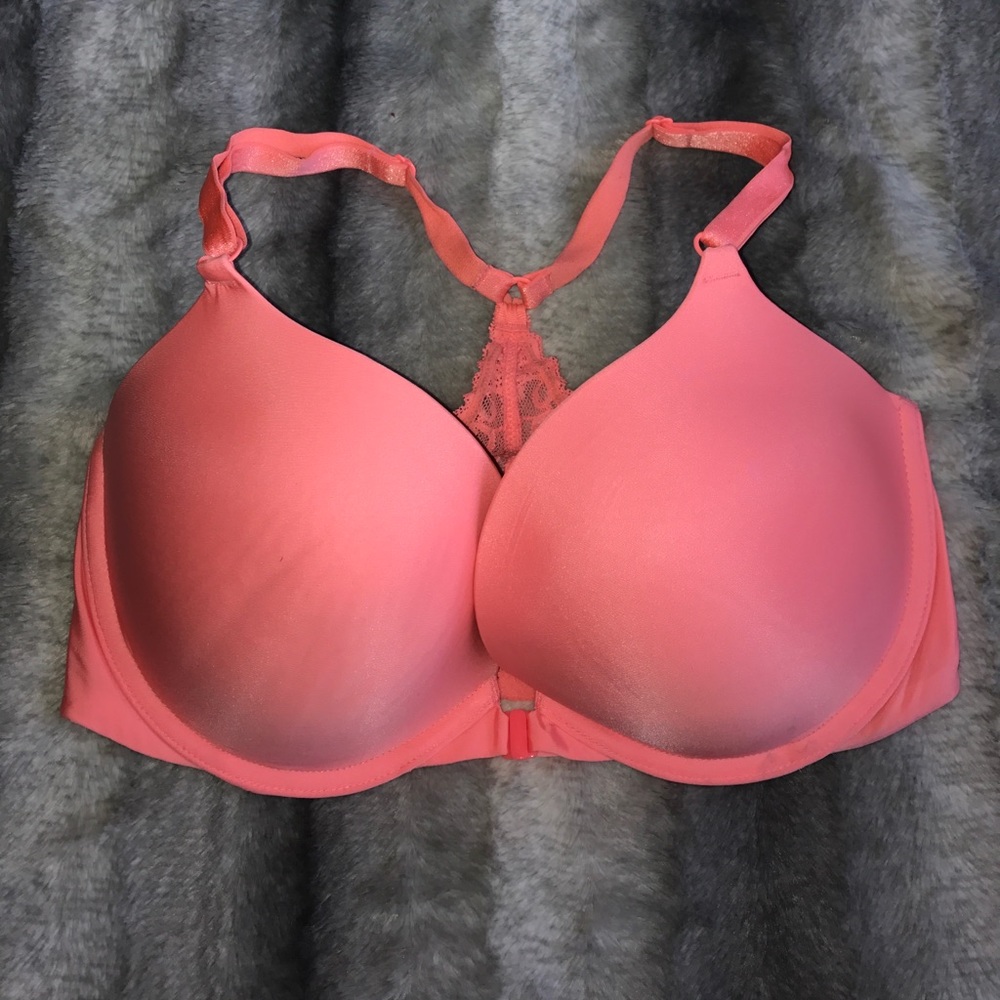 Coral lace racerback front clasp push up bra