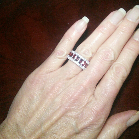 Platinum Plated CZ and Garnet Gemstone Band Ring - Picture 1 of 5