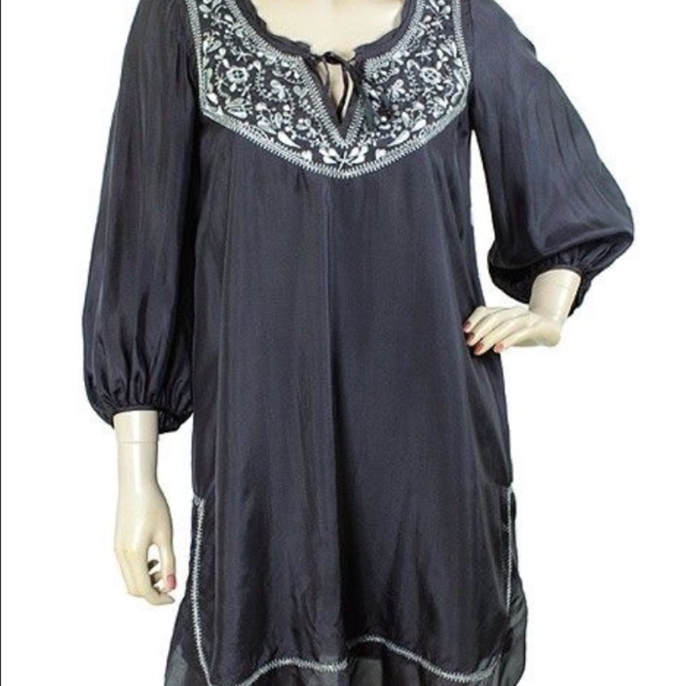 BLACK EMBROIDERED SILK REBECCA TAYLOR TUNIC