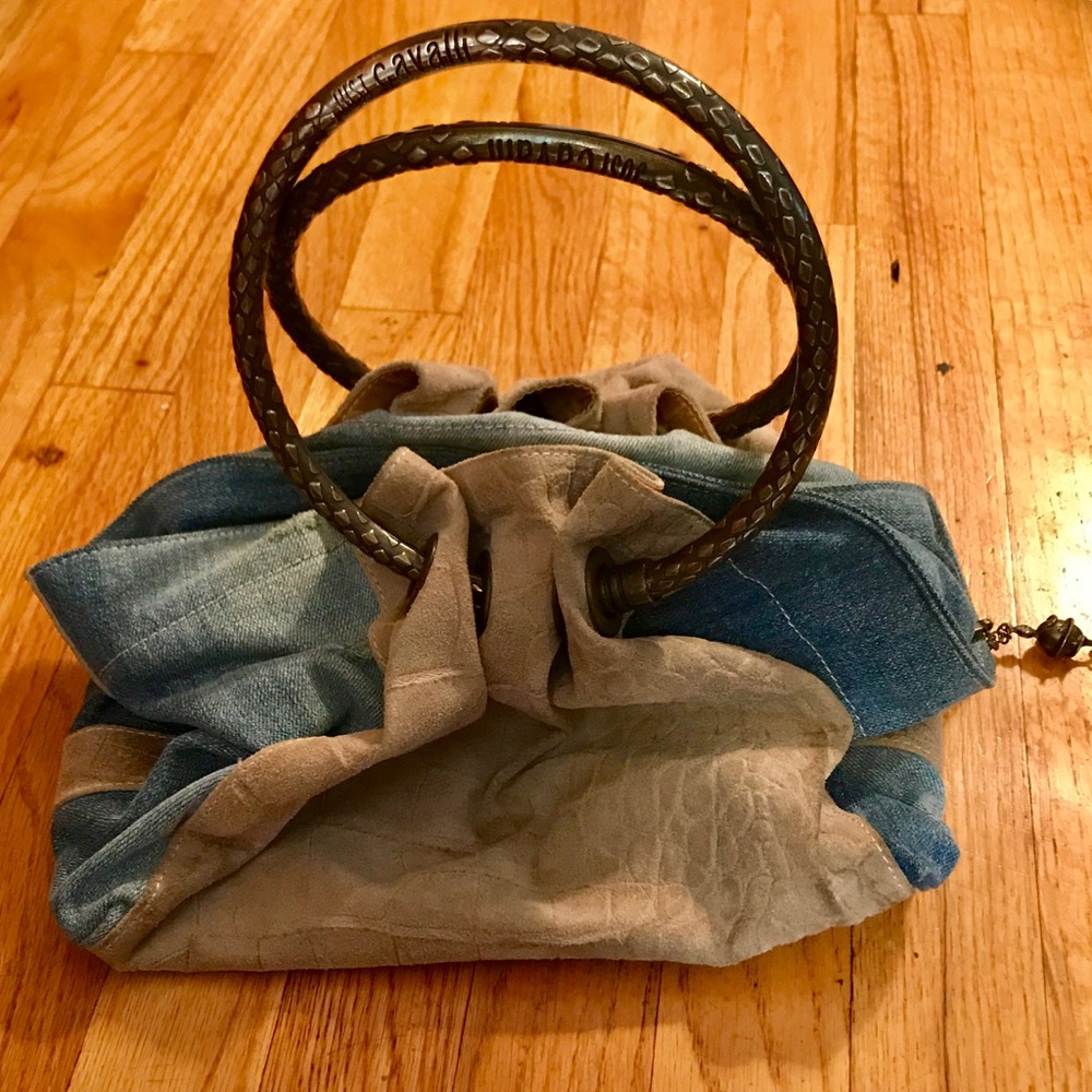Just Cavelli Denim & Seude Metal Ring Handles Bag!