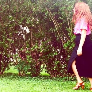 Shop the look Vtg pink polkadot top, hi rise skirt