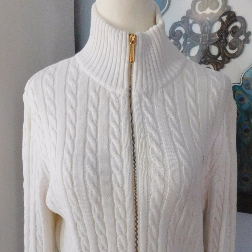 Ralph Lauren White Zip Up Cable Knit Sweater