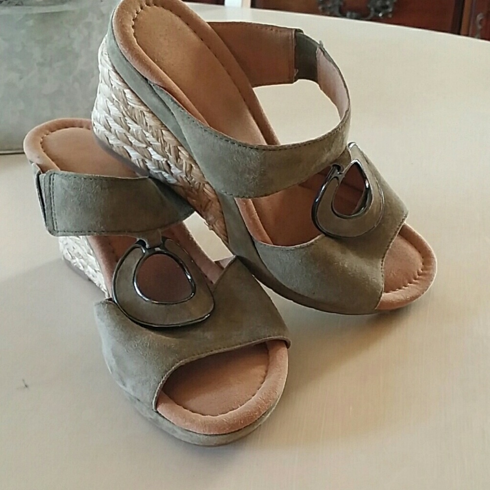 Gabor Wedge Sandals in Olive Green Suede
