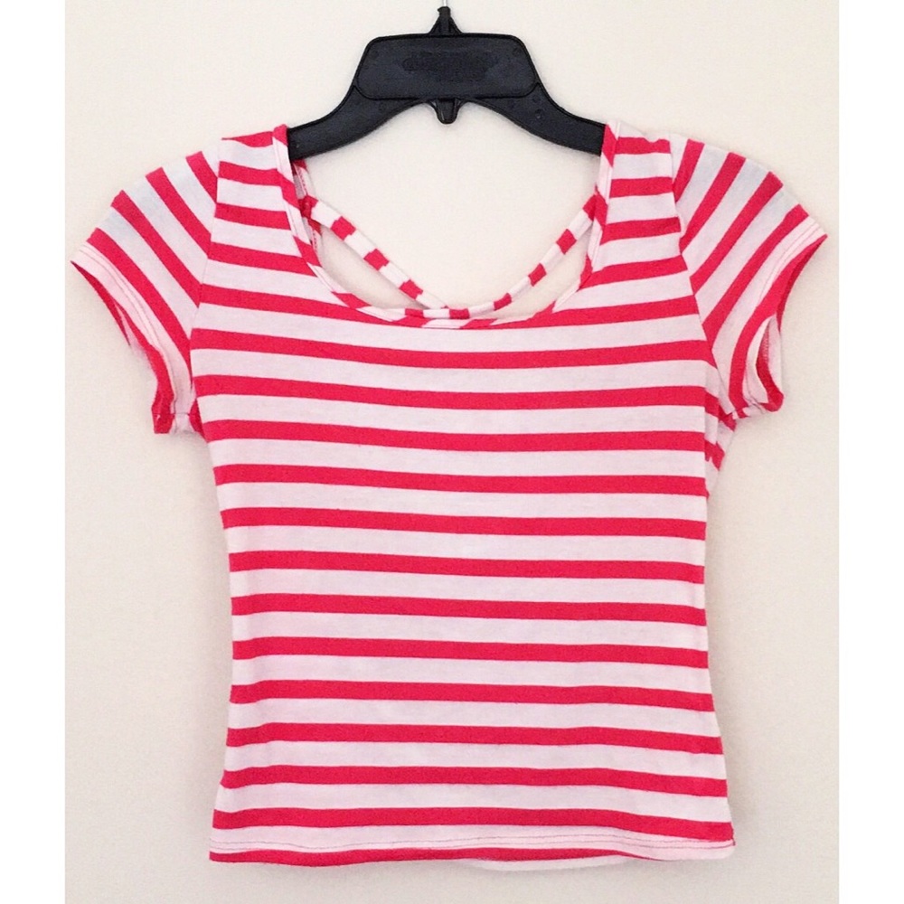 Pink & White Criss Cross Back Striped Crop Top