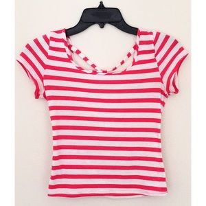 Pink & White Criss Cross Back Striped Crop Top