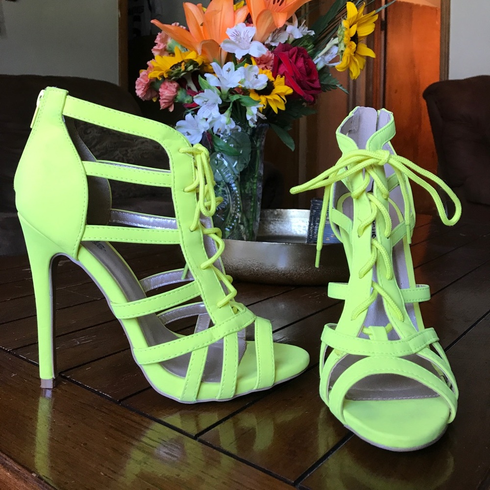 Neon yellow tie up heels size 8