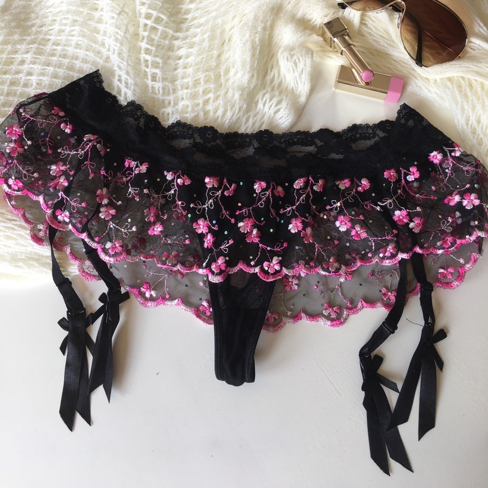 Victoria's Secret Pink and Black Lace Thong Garter