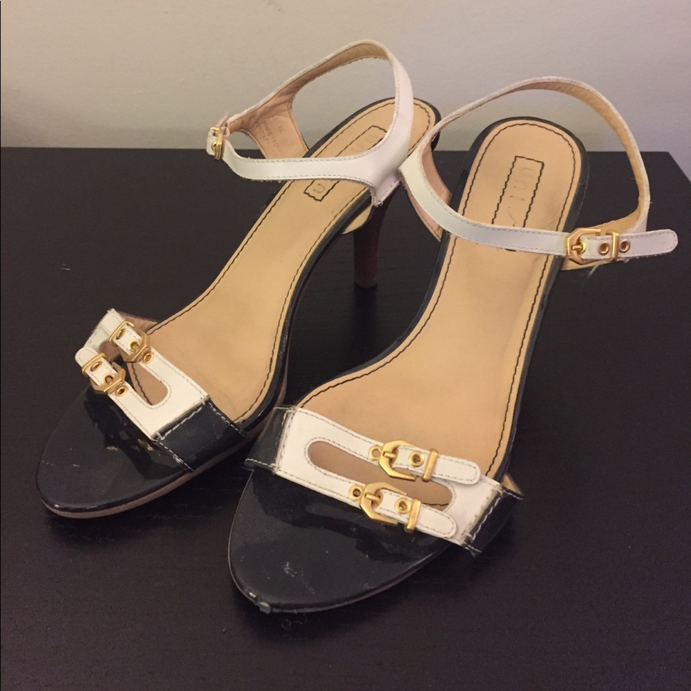 Navy Blue and White Heeled Sandals