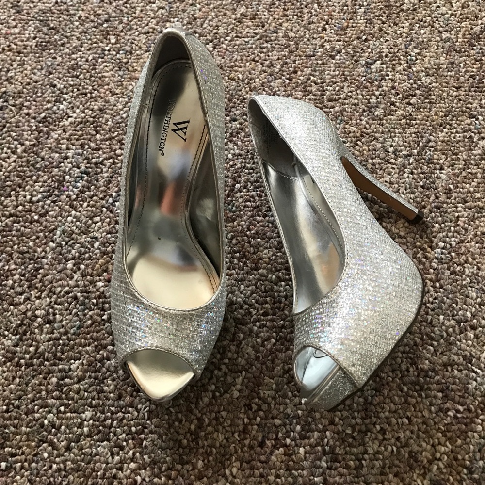 Worthington Silver Glitter Platform Peep Toe Heels