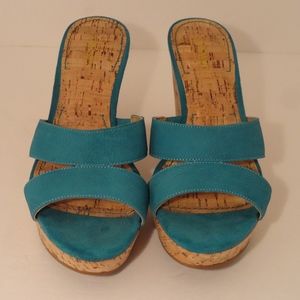 Teal Cork Wedge Heels