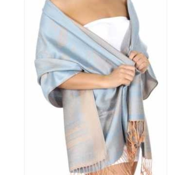 Jacquard Pashmina Solid Border Light Blue Scarf - Picture 1 of 2