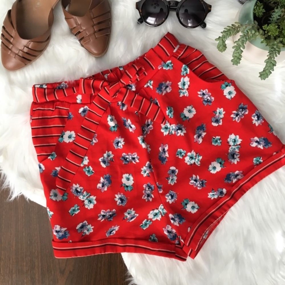 High Waist Red Floral Shorts with Stripes