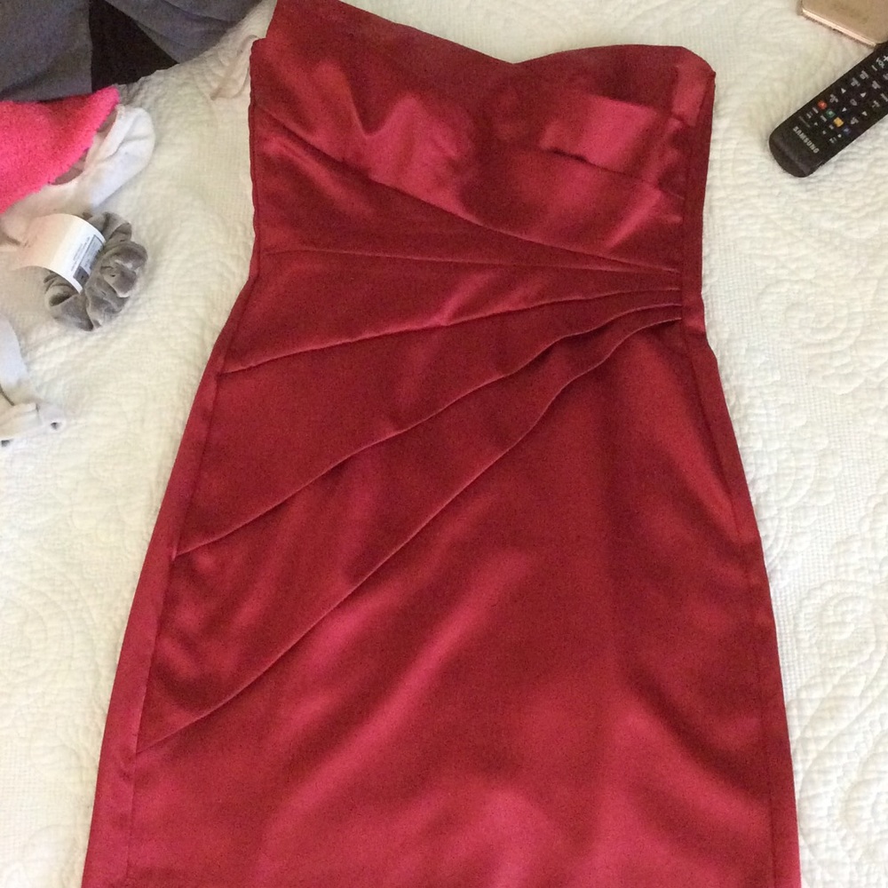 Red silk dress.