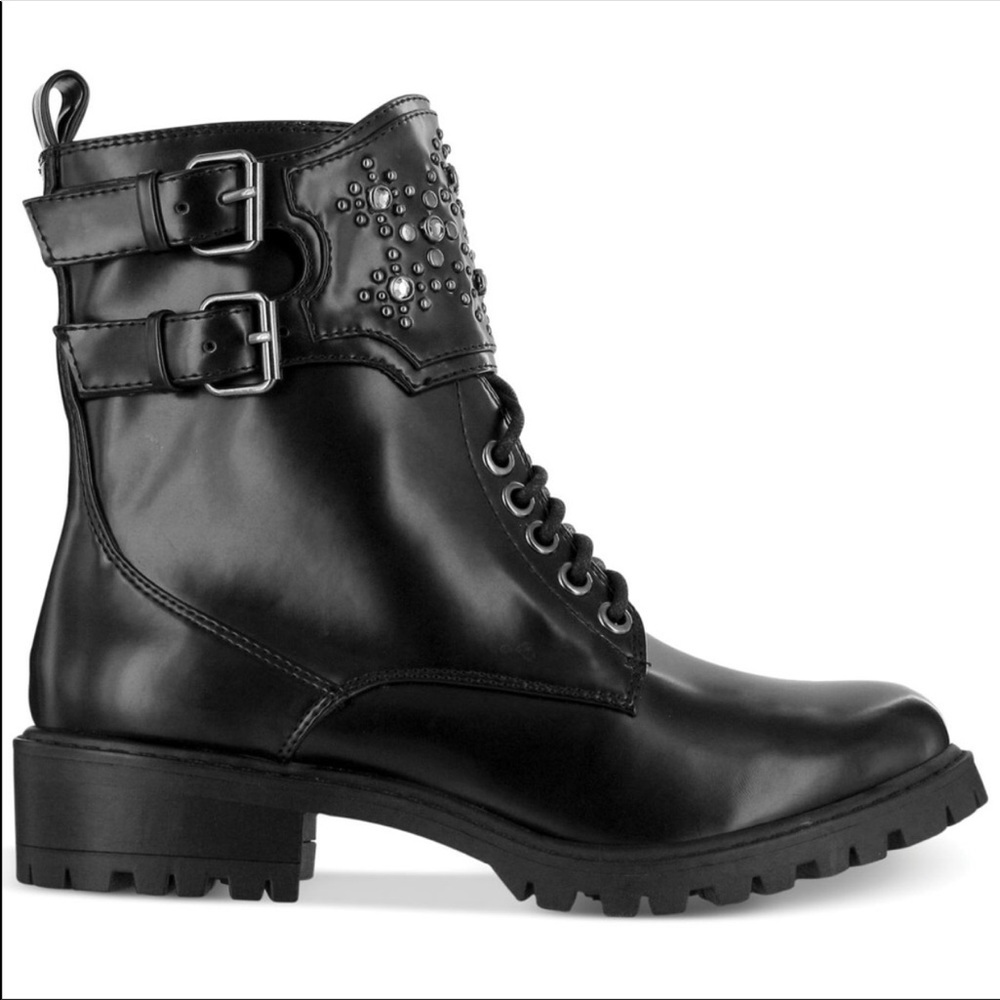 Black Patent Buckle Threat Combat Studded Boot - Picture 4 of 5