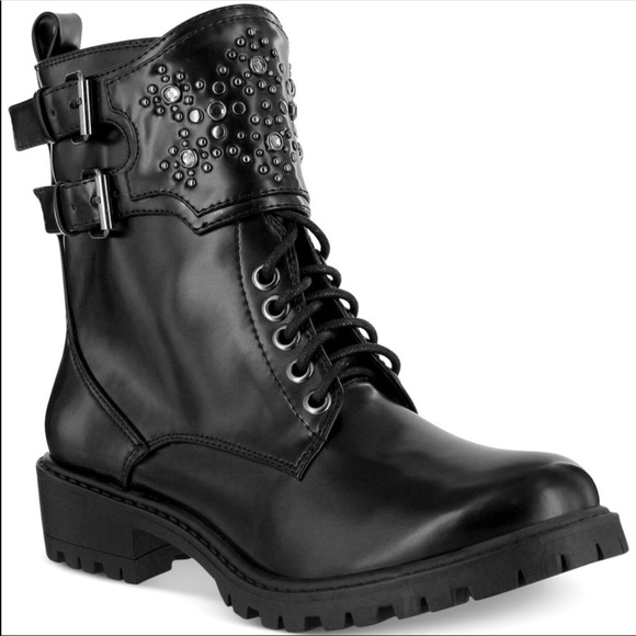 Black Patent Buckle Threat Combat Studded Boot - Picture 3 of 5