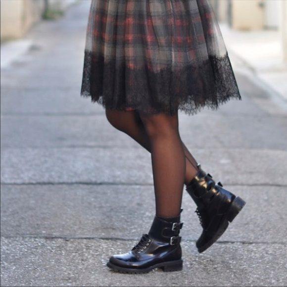 Black Patent Buckle Threat Combat Studded Boot - Picture 5 of 5