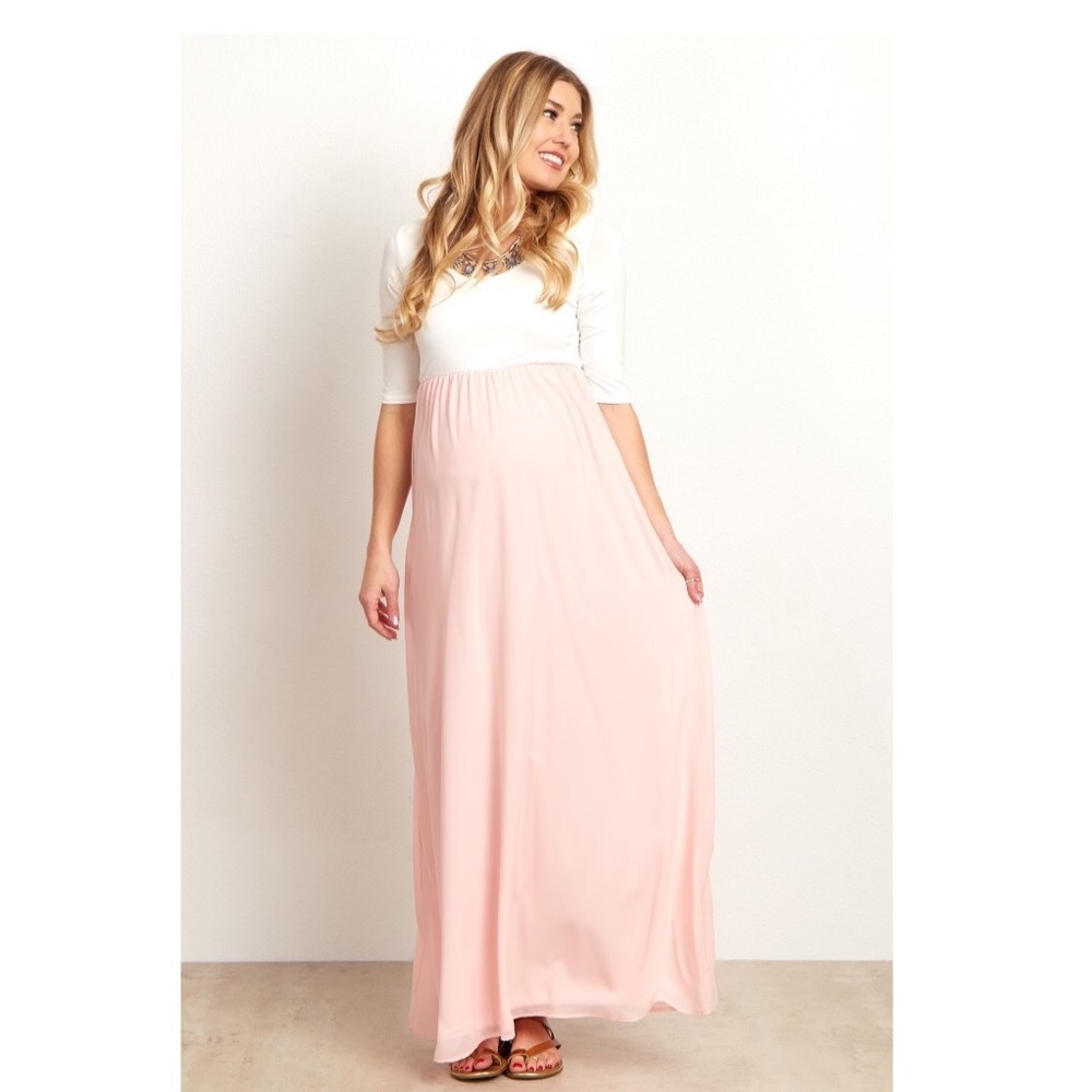 Light Pink Chiffon Colorblock Maternity Maxi Dress