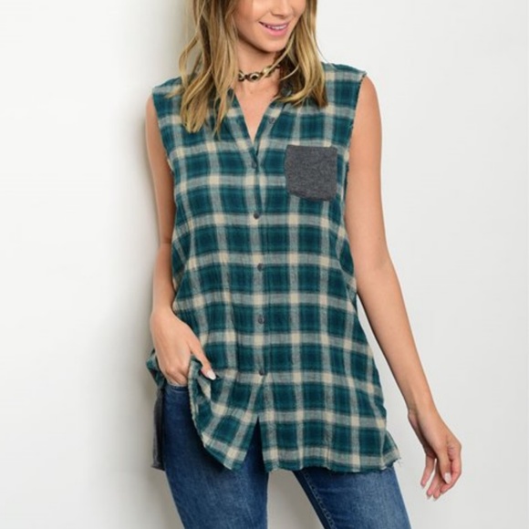 🔴 Plaid Flannel Tunic Top Button Front Grunge - Picture 2 of 9