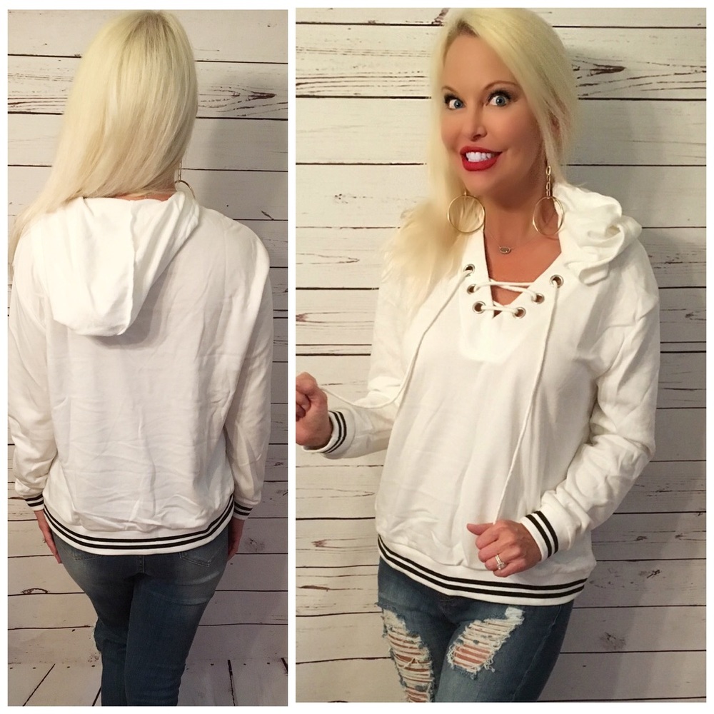 LAST ONE! Adorable White/Black lace up sweatshirt! - Picture 2 of 2