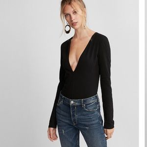Express Deep V-Neck Black Thong Bodysuit