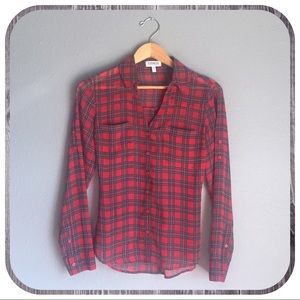 Express, Sheer Plaid Button-Up Shirt, Red