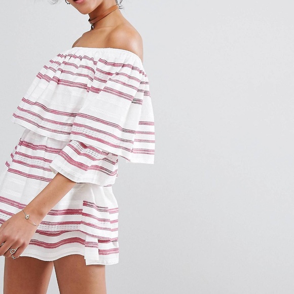 Asos Pants - ASOS off shoulder white pink ruffle striped romper