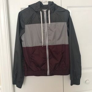 Gray and burgundy windbreaker