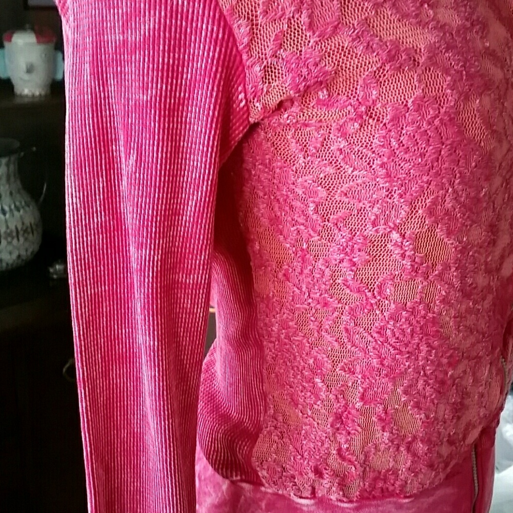 Katydid Women’s NWT Pink & Coral Lace Zipper Hoodie Jacket - Picture 3 of 4