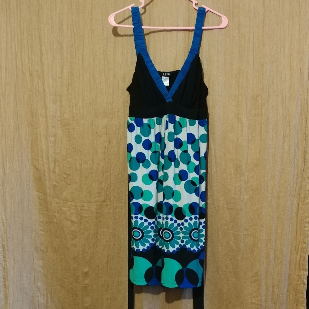 JFW black, blue and teal polka dot dress