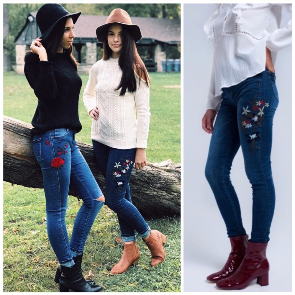 ! Embroidered Distressed Skinny Designer Denim