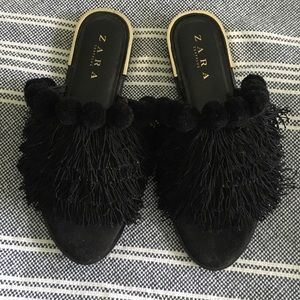 Zara Black Pom Pom Fringe Slide on Sandals