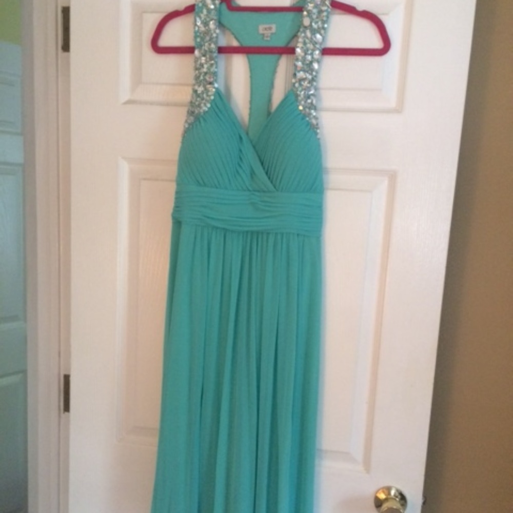 Turquoise Chiffon Sequin T-Strap Prom Gown