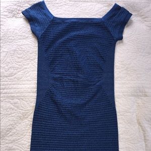 off the shoulder bebe blue body con dress